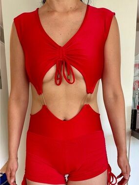 Red Cut Out Brazilian One Piece Monokini Bodysuit